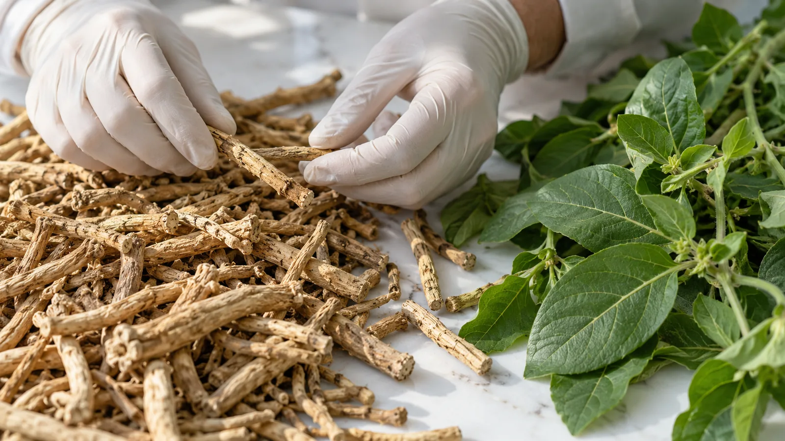 Mains gantées triant des racines séchées d'ashwagandha sur un plan de travail blanc, à côté de feuilles vertes fraîches de la même plante