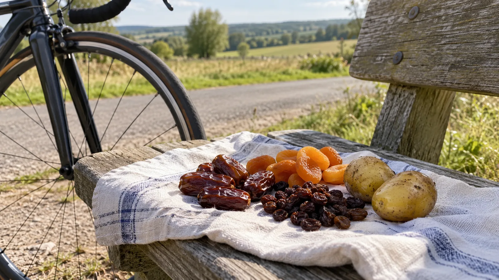 Dattes, raisins secs, abricots secs et deux pommes de terre sur un torchon posé sur un banc en bois à côté d'un vélo de route en campagne