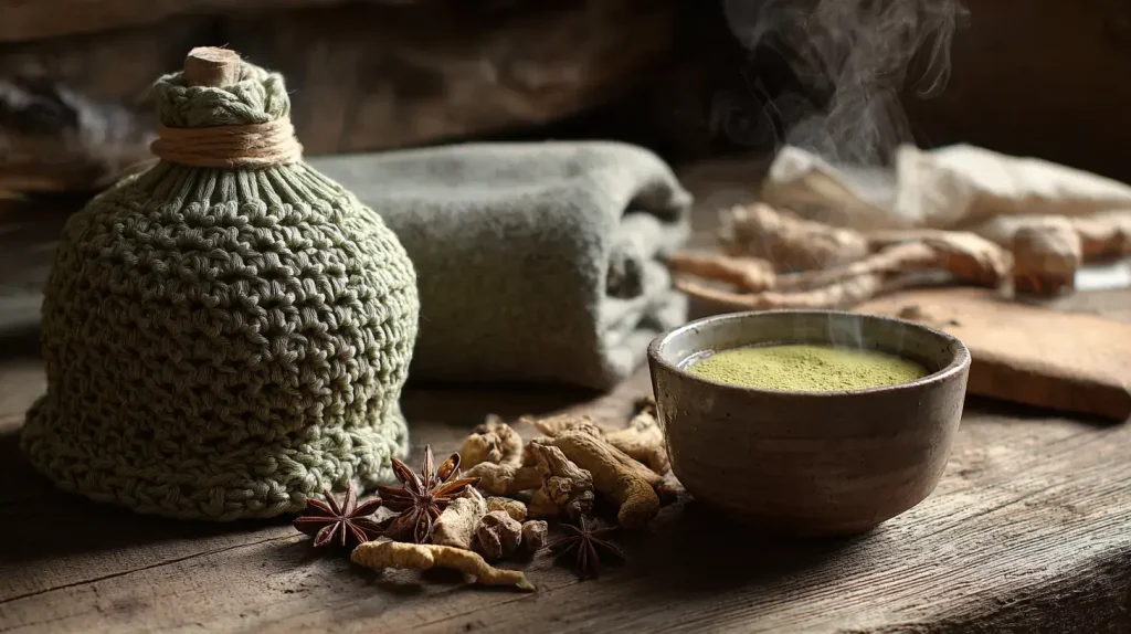 Bouillotte, argile verte et infusion de plantes sur une table en bois