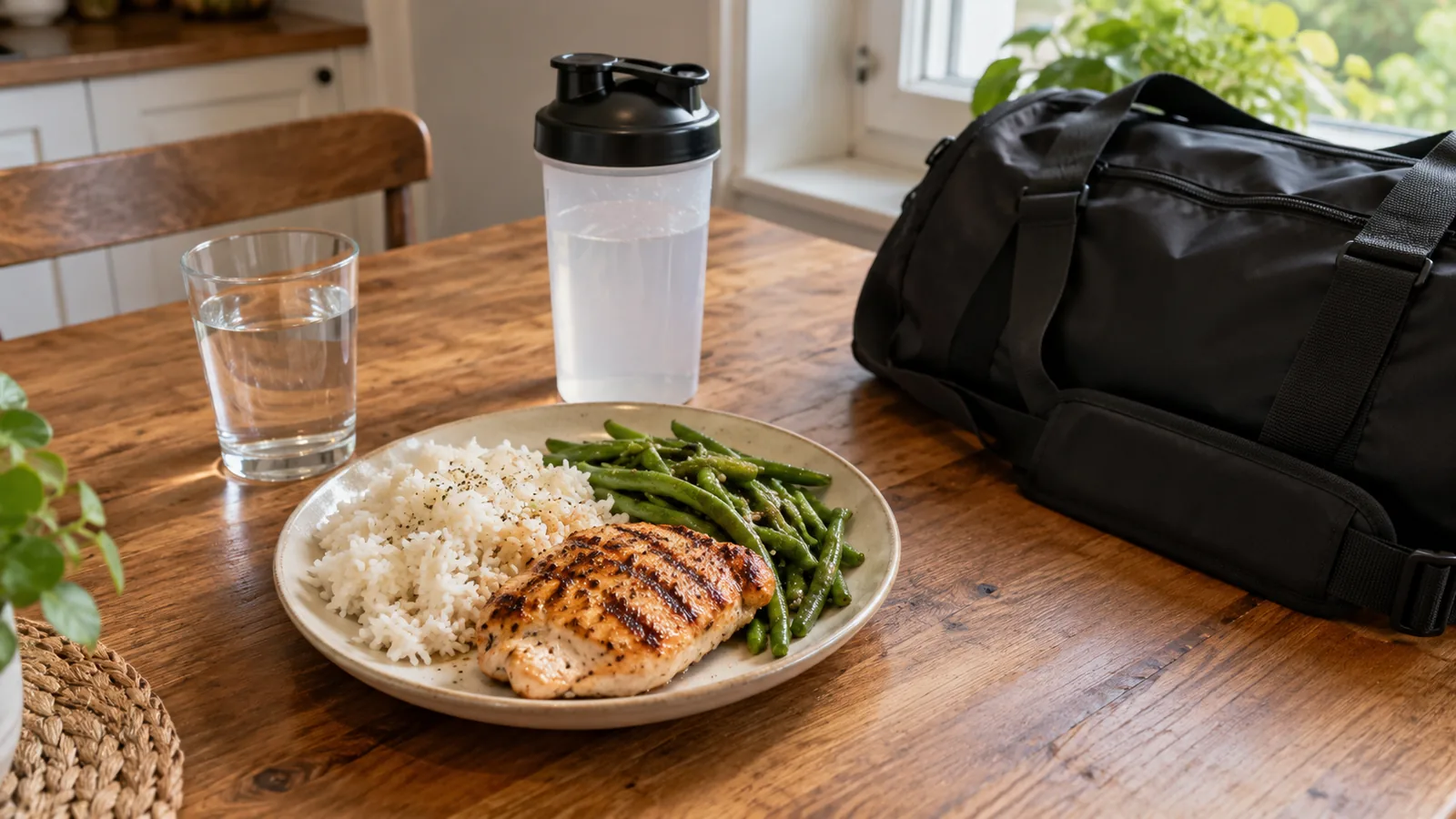 Assiette de riz blanc, poulet grillé et haricots verts sur une table en bois, avec un verre d'eau, un shaker et un sac de sport noir près de la fenêtre