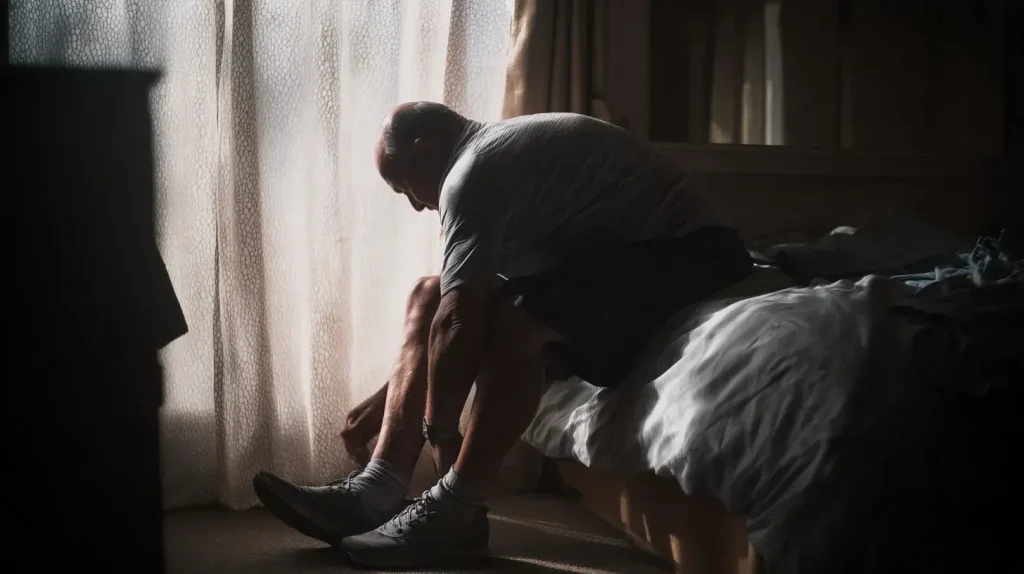 Homme qui a mal au dos à cause d'une lombalgie, essayant de mettre ses chaussures