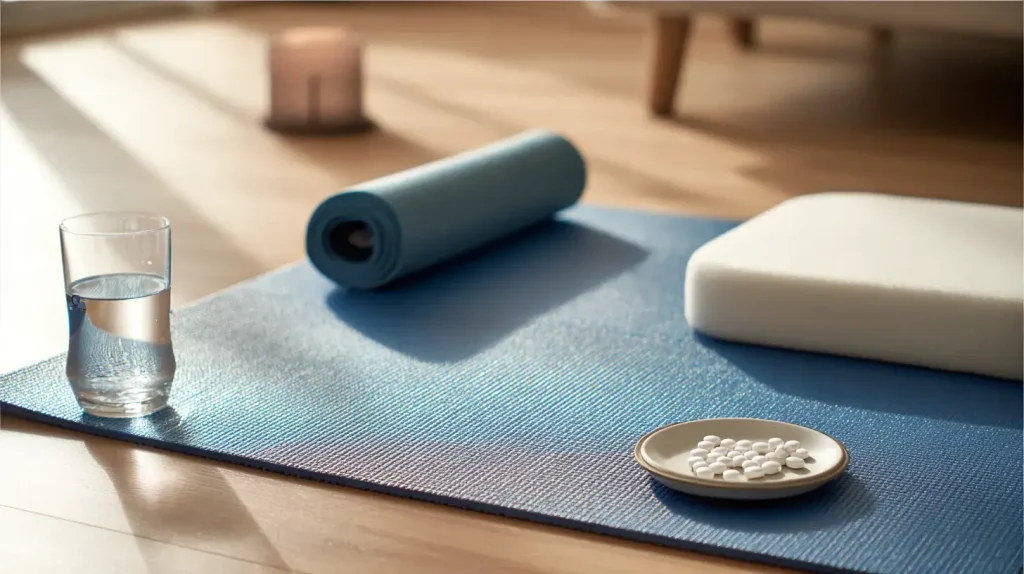 Tapis, élastique et gélules de collagène marin pour soigner une tendinite à la hanche