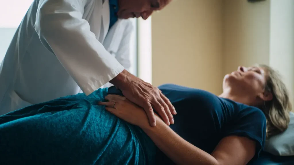 Médecin palpant le côté de la hanche pour repérer les symptômes d’une tendinite de la hanche